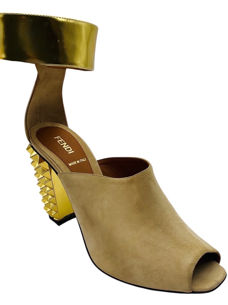 Fendi Beige / Gold Studded Suede And Leather Block Heel Sandals